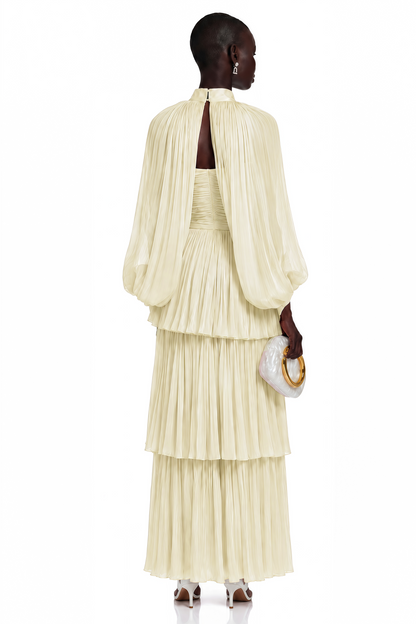 Bernice Yellow Glossy Cape & Tiered Dress Set