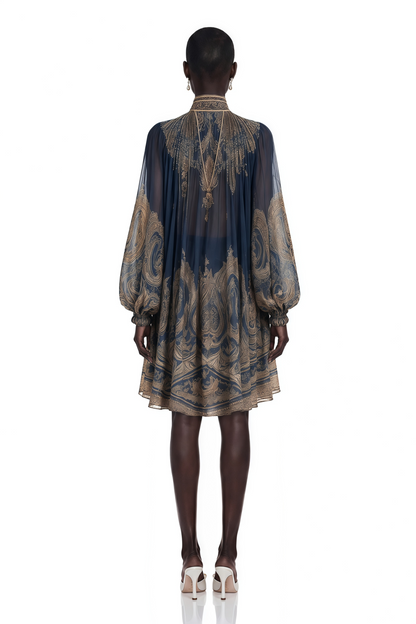 Bertille Blue Baroque Print High Neck Mini Dress