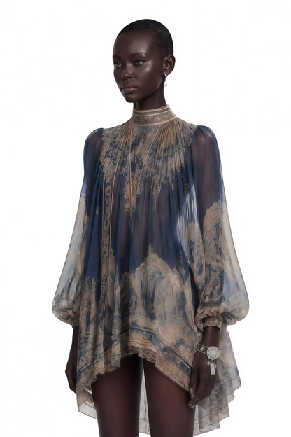 Bertille Blue Baroque Print High Neck Mini Dress