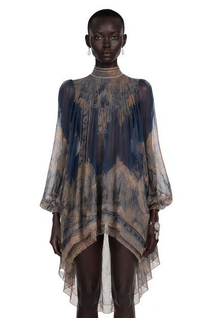 Bertille Blue Baroque Print High Neck Mini Dress
