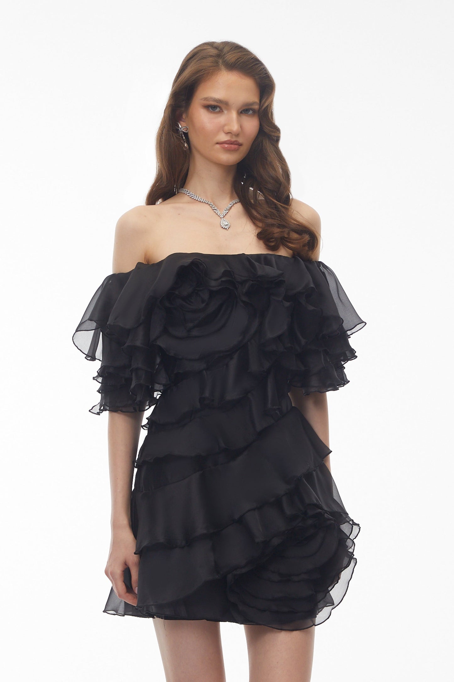 Cerise Asymmetrical Flounce Mini Dress in Black