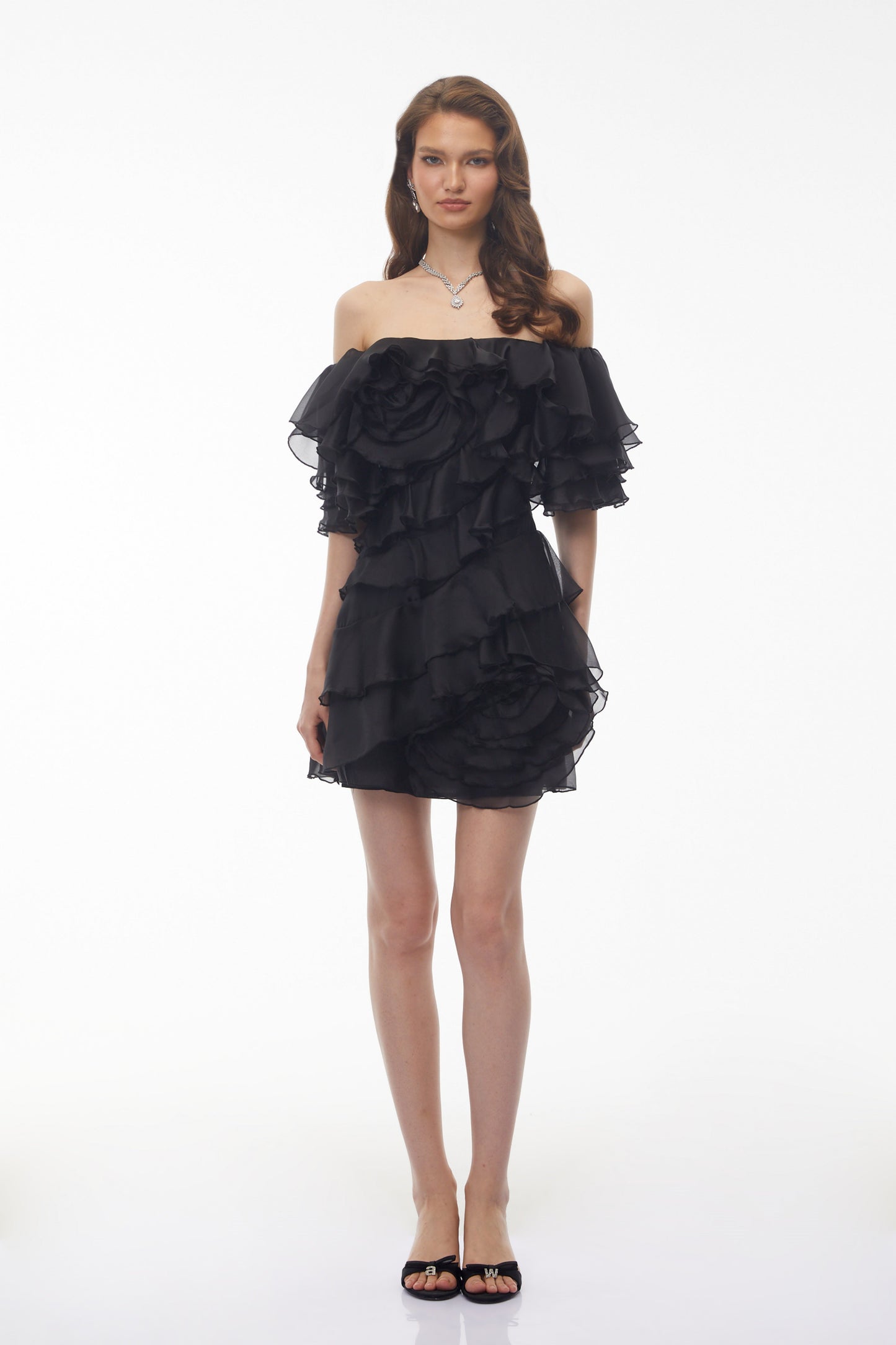 Cerise Asymmetrical Flounce Mini Dress in Black
