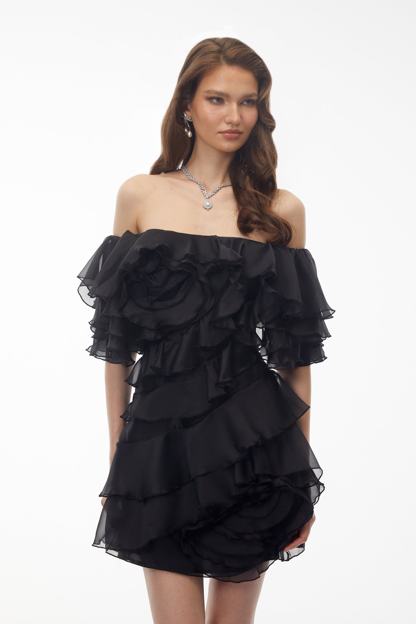 Cerise Asymmetrical Flounce Mini Dress in Black