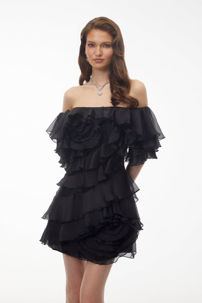 Cerise Asymmetrical Flounce Mini Dress in Black