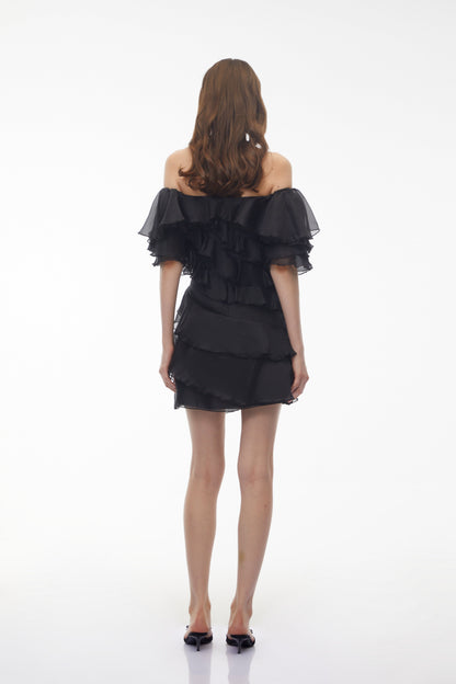 Cerise Asymmetrical Flounce Mini Dress in Black
