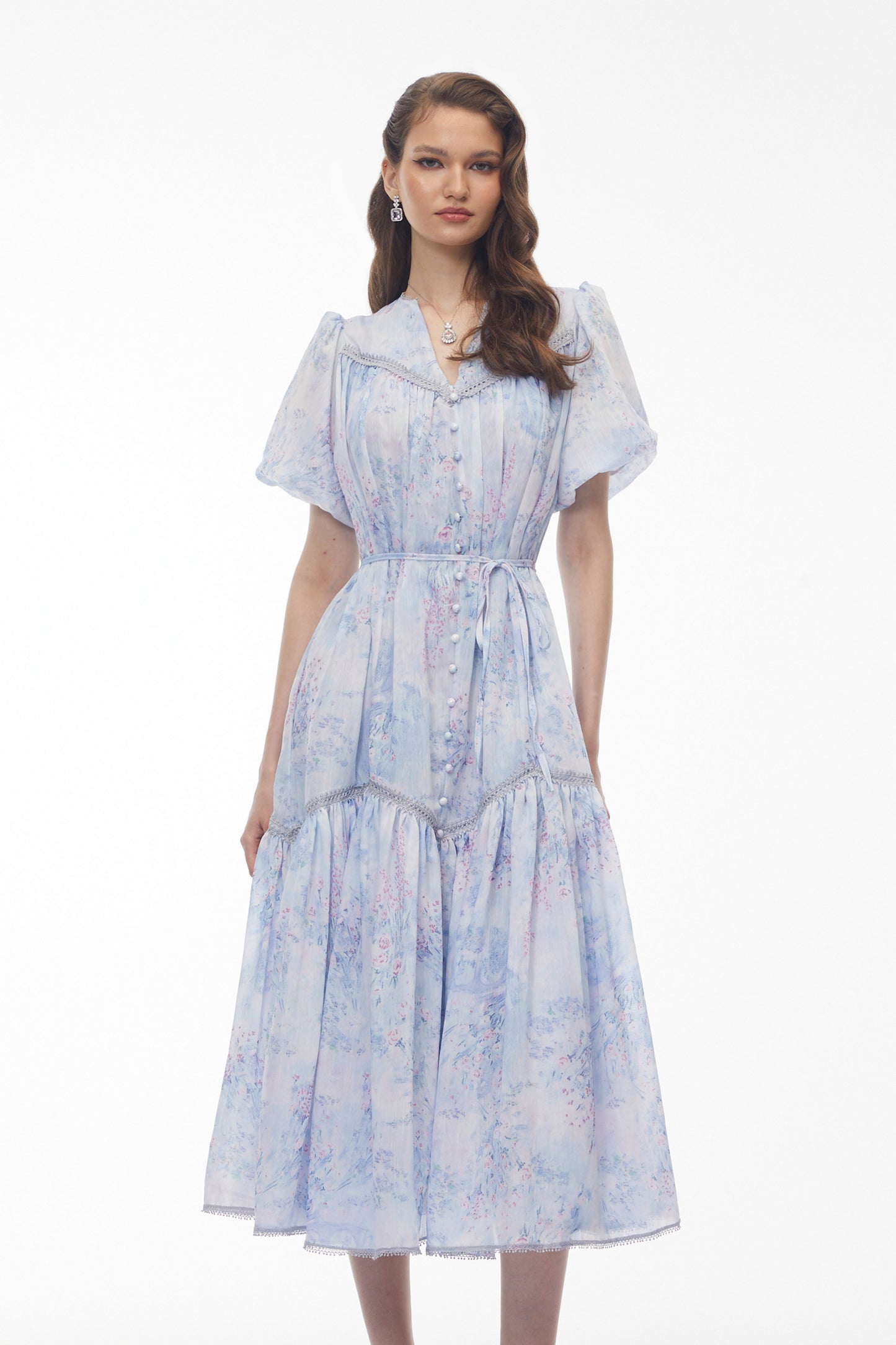 Beryl Blue Floral Print Ruched Midi Dress