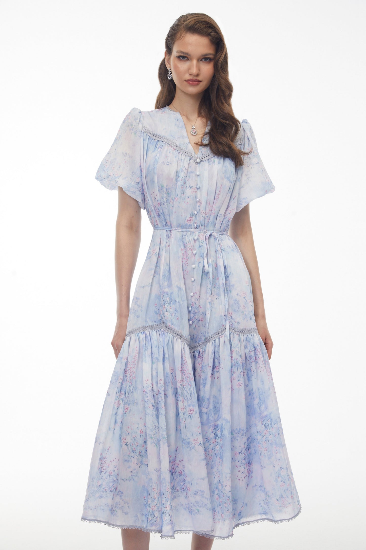 Beryl Blue Floral Print Ruched Midi Dress