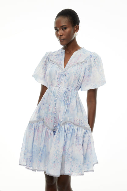 Beryl Blue Floral Print Ruched Mini Dress