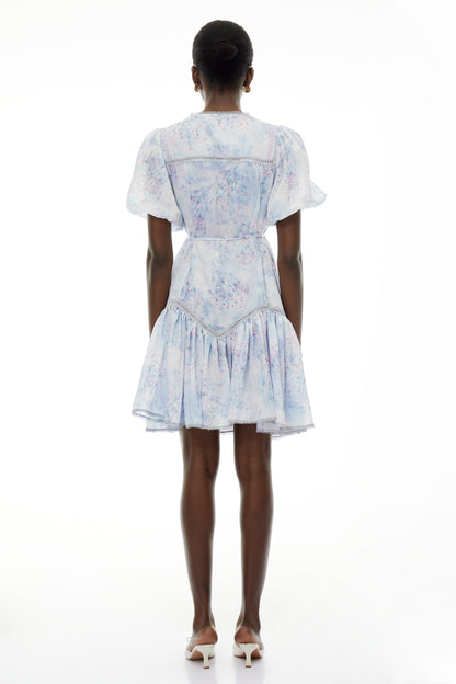 Beryl Blue Floral Print Ruched Mini Dress
