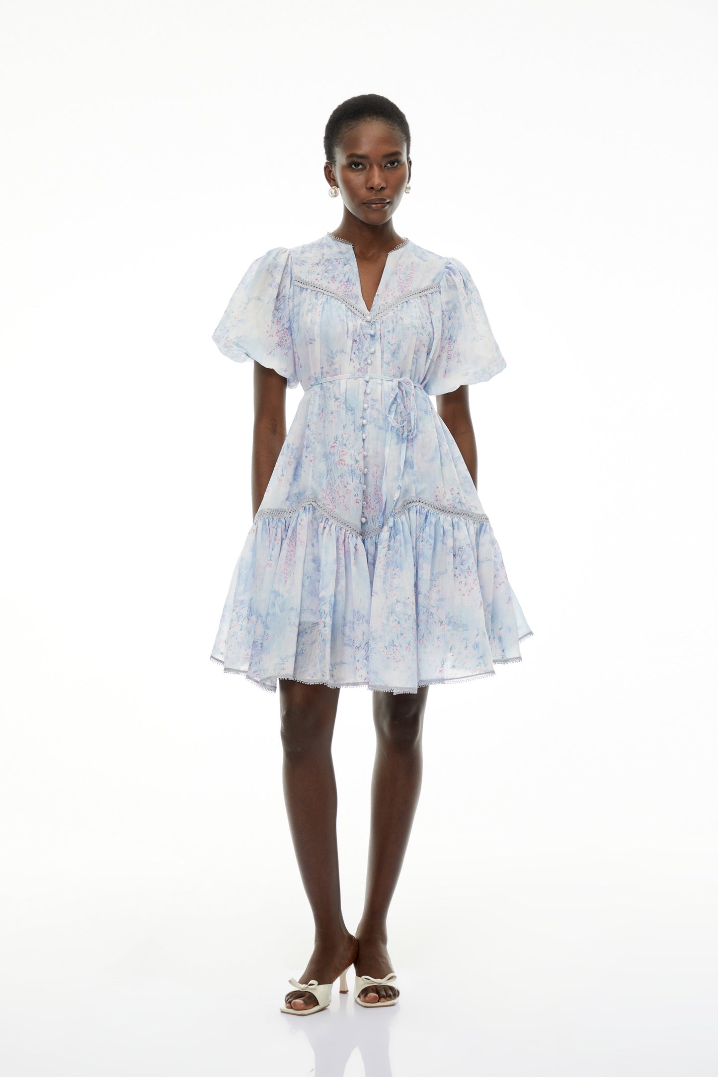 Beryl Blue Floral Print Ruched Mini Dress