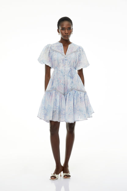 Beryl Blue Floral Print Ruched Mini Dress
