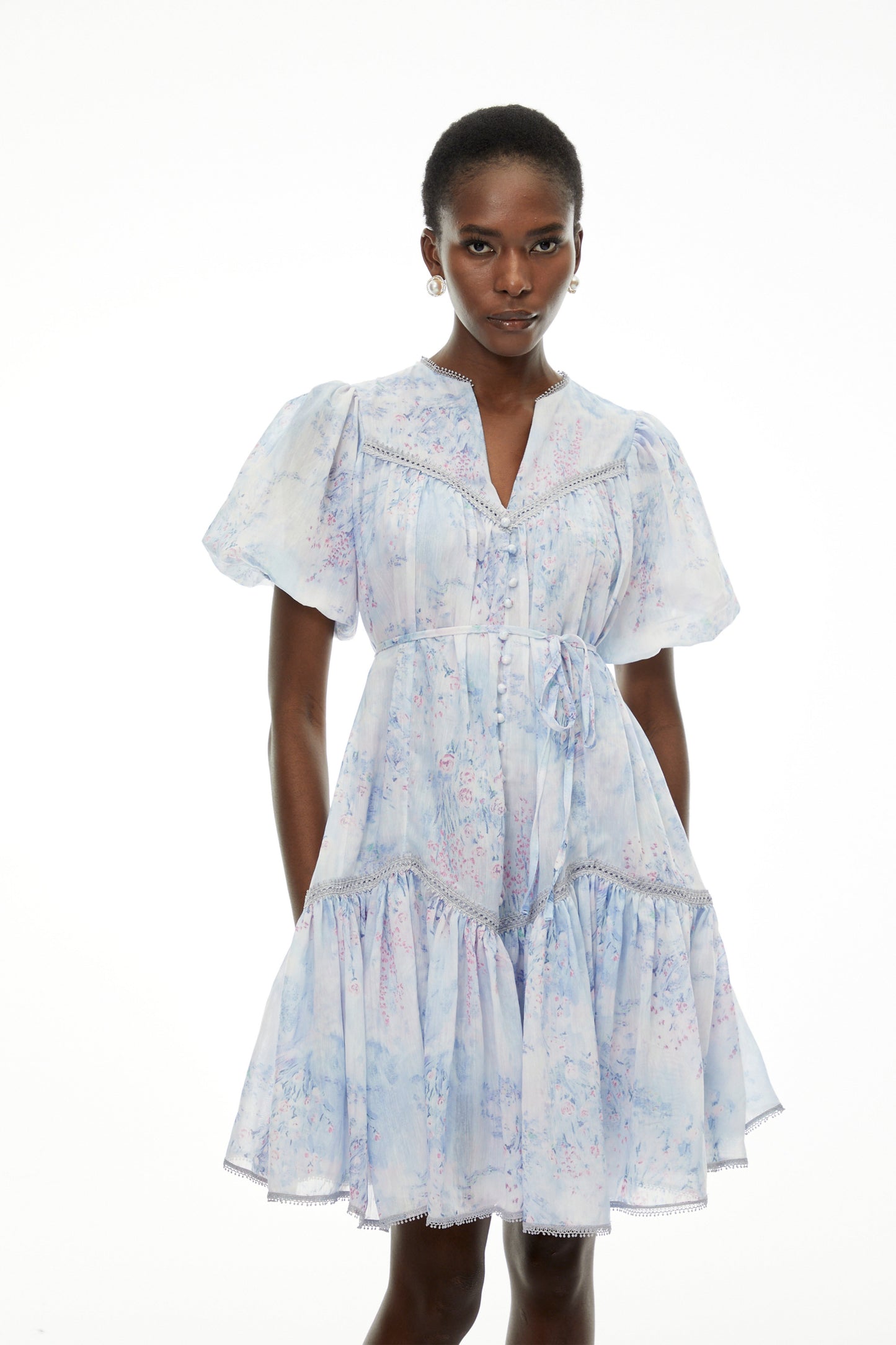 Beryl Blue Floral Print Ruched Mini Dress