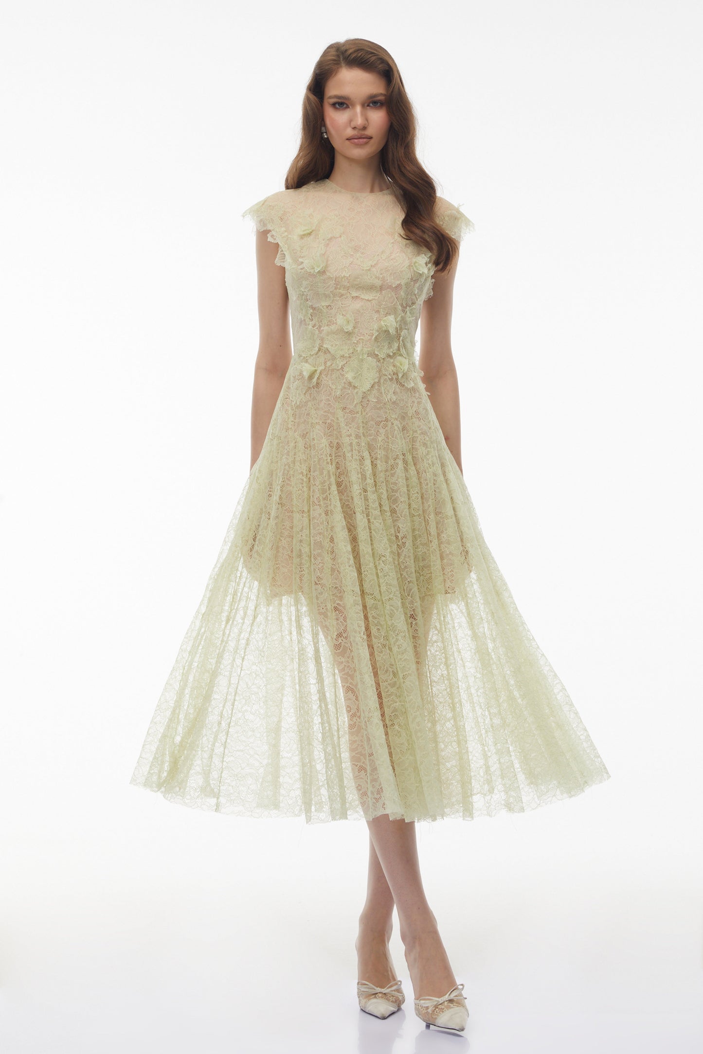 Béryl Green Floral Lace Midi Dress