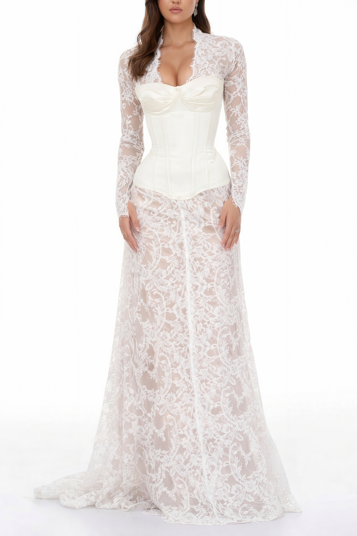 Bethany White Asymmetrical Lace Maxi Dress