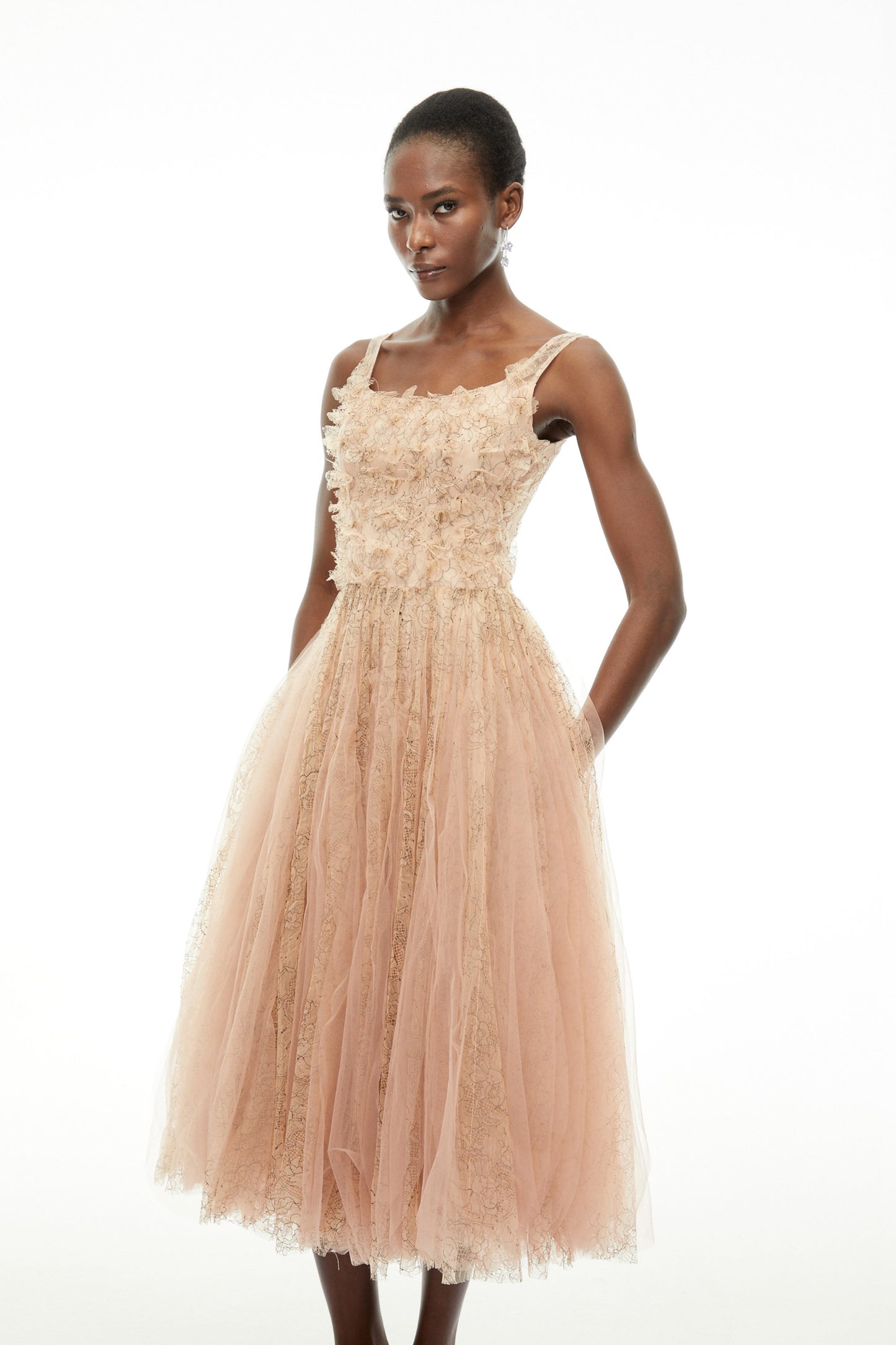 Bianca Beige Square Neck Mesh Midi Dress with 3D Florals