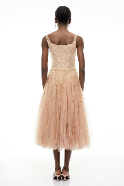 Bianca Beige Square Neck Mesh Midi Dress with 3D Florals