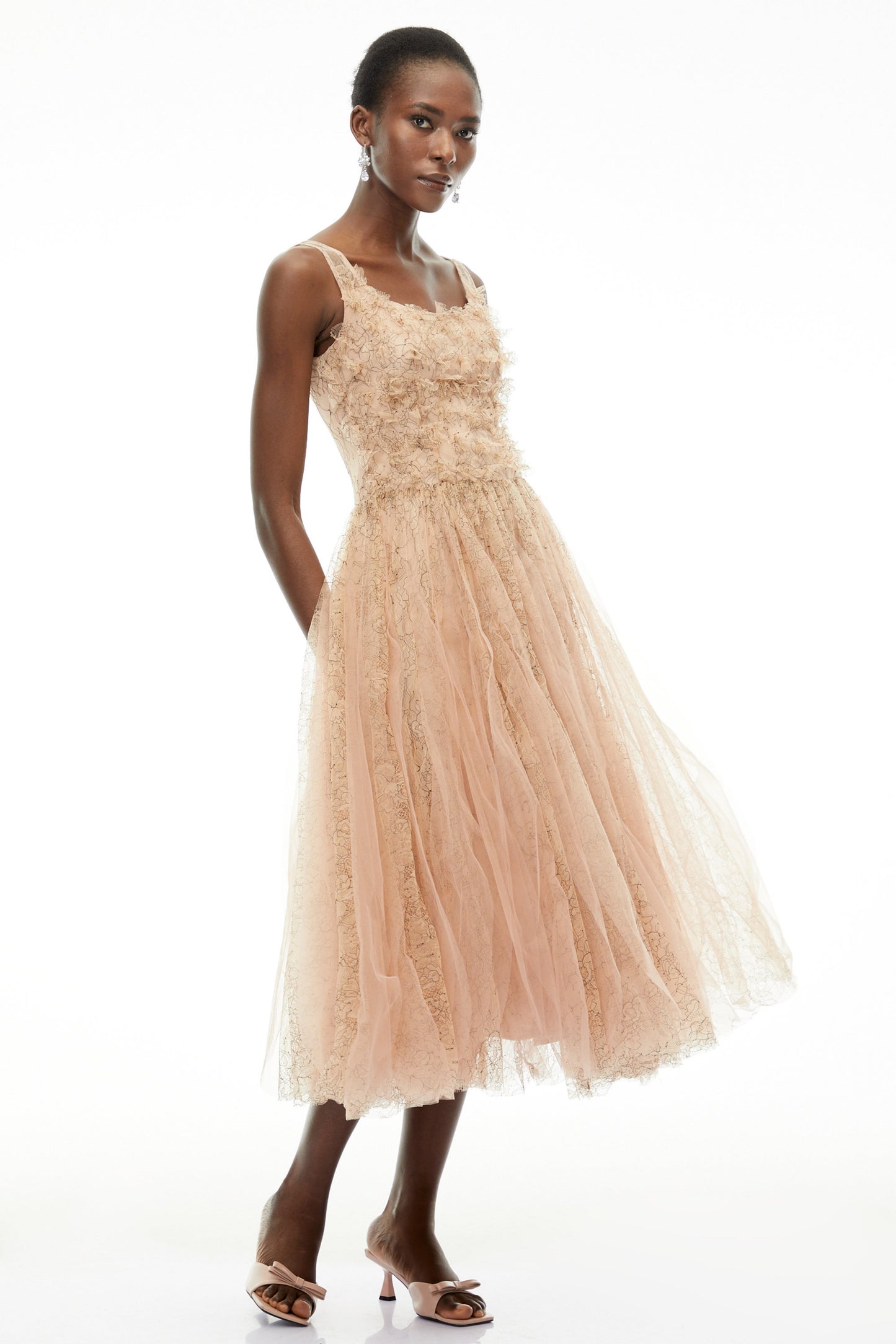Bianca Beige Square Neck Mesh Midi Dress with 3D Florals