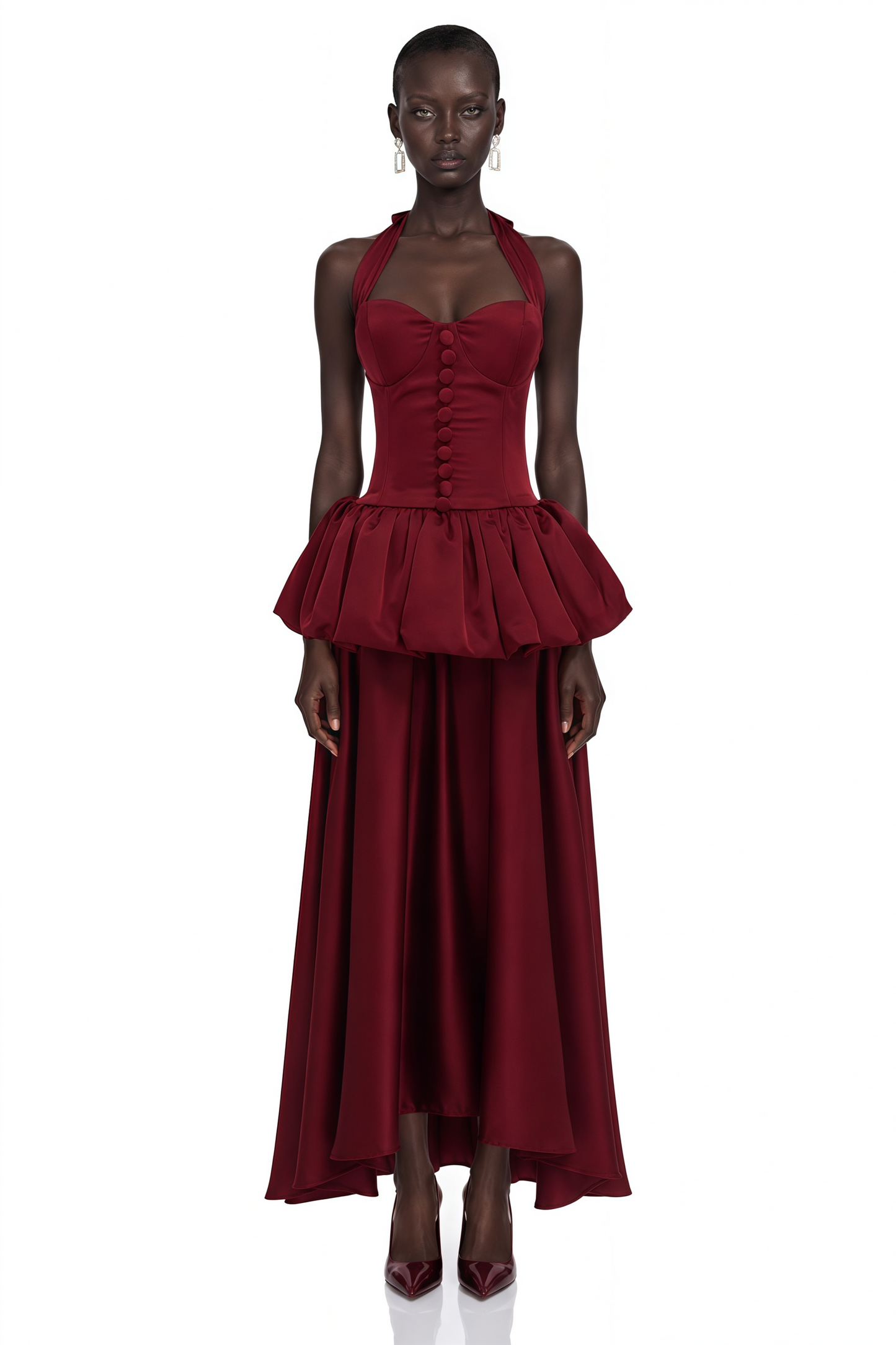 Bilun Burgundy Halterneck Bubble Maxi Dress
