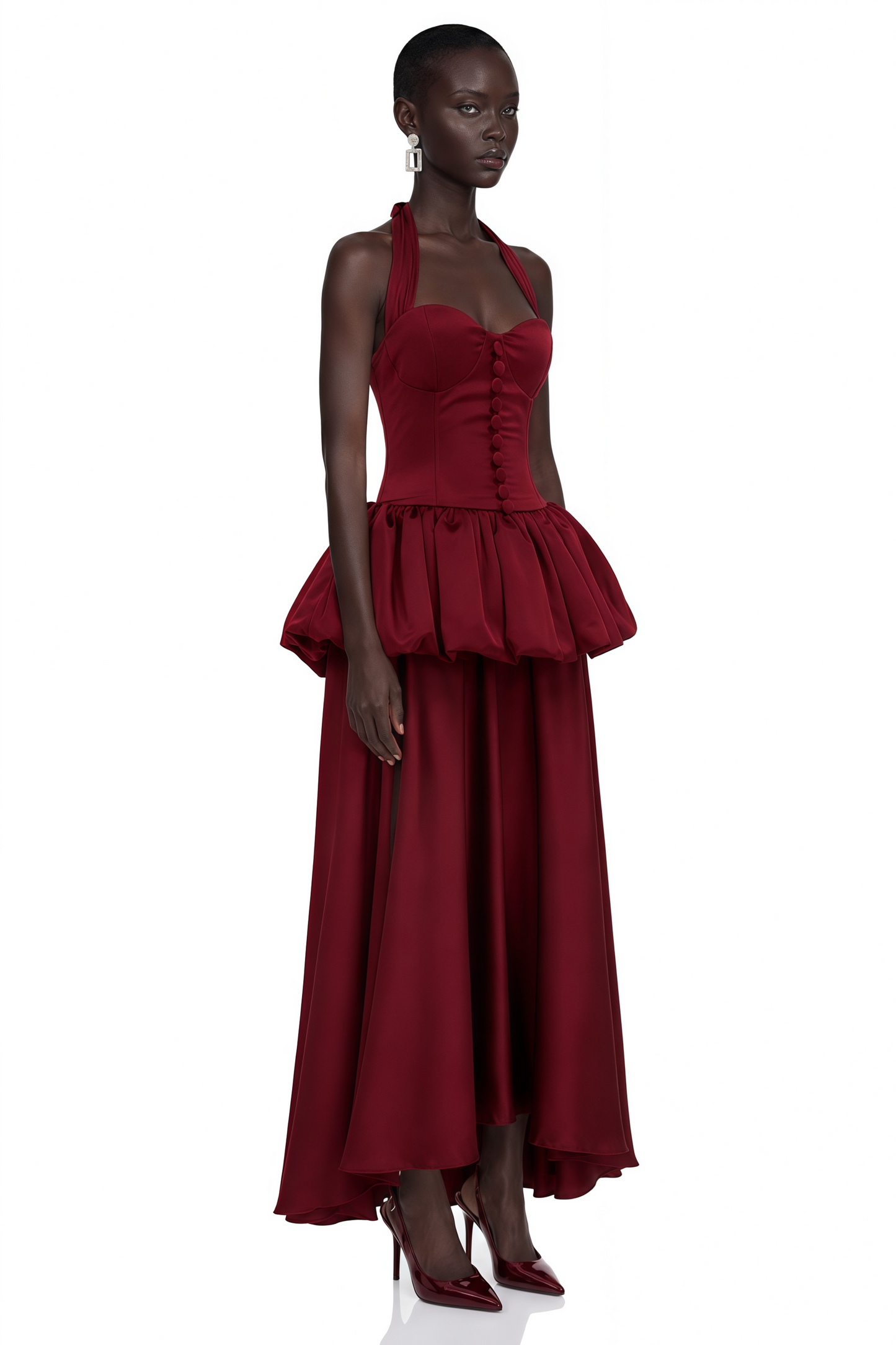 Bilun Burgundy Halterneck Bubble Maxi Dress