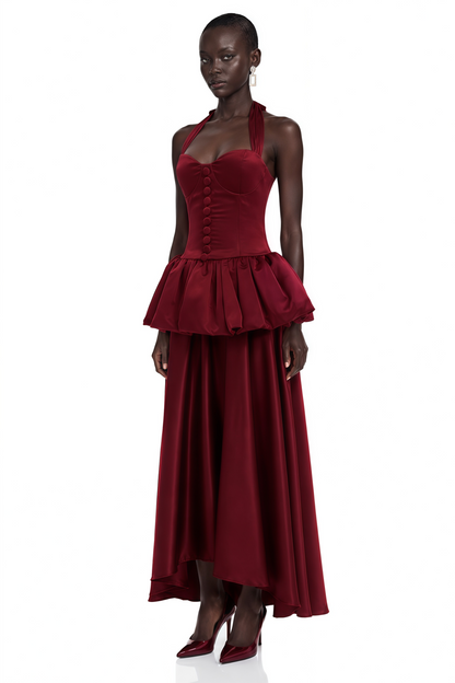 Bilun Burgundy Halterneck Bubble Maxi Dress