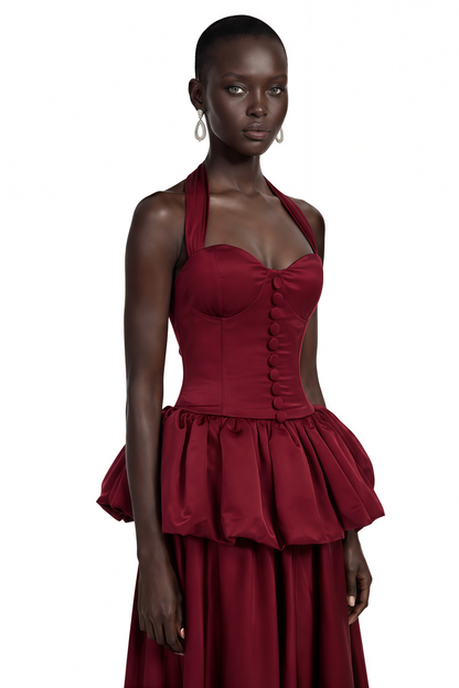 Bilun Burgundy Halterneck Bubble Maxi Dress