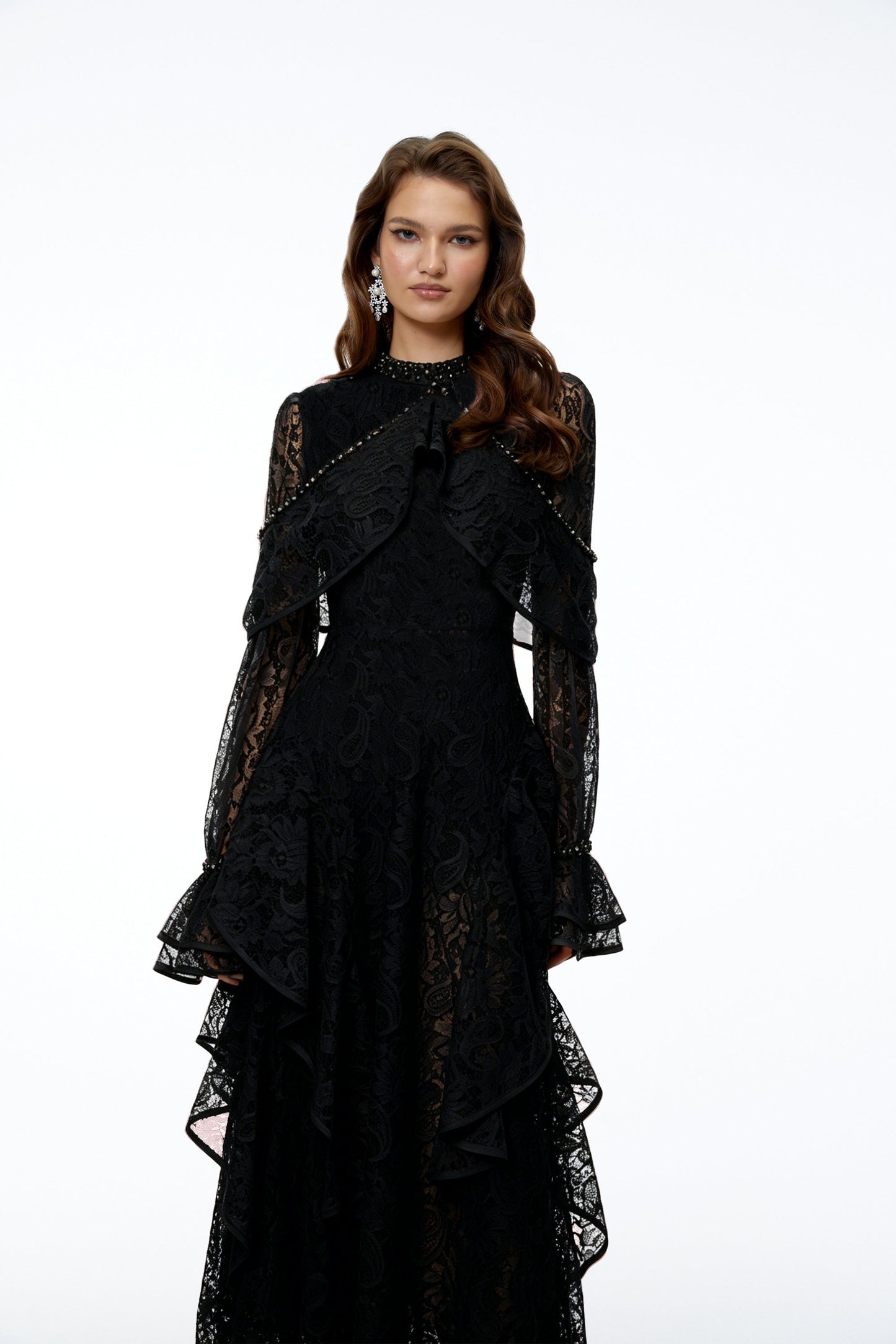 Blanche Black Floral Lace Embellished Maxi Dress