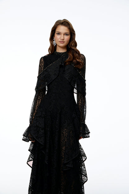 Blanche Black Floral Lace Embellished Maxi Dress