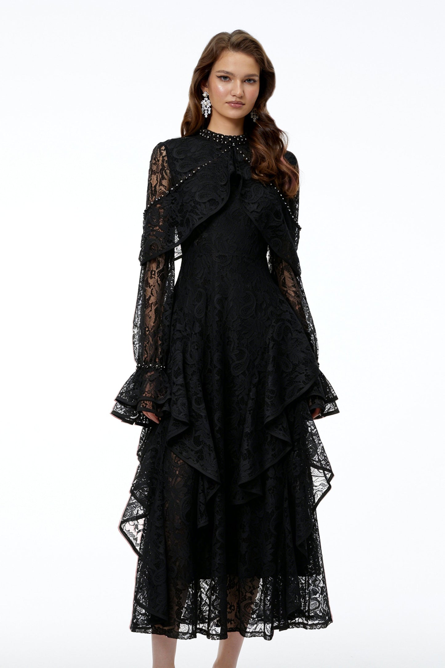 Blanche Black Floral Lace Embellished Maxi Dress