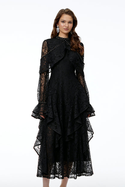 Blanche Black Floral Lace Embellished Maxi Dress
