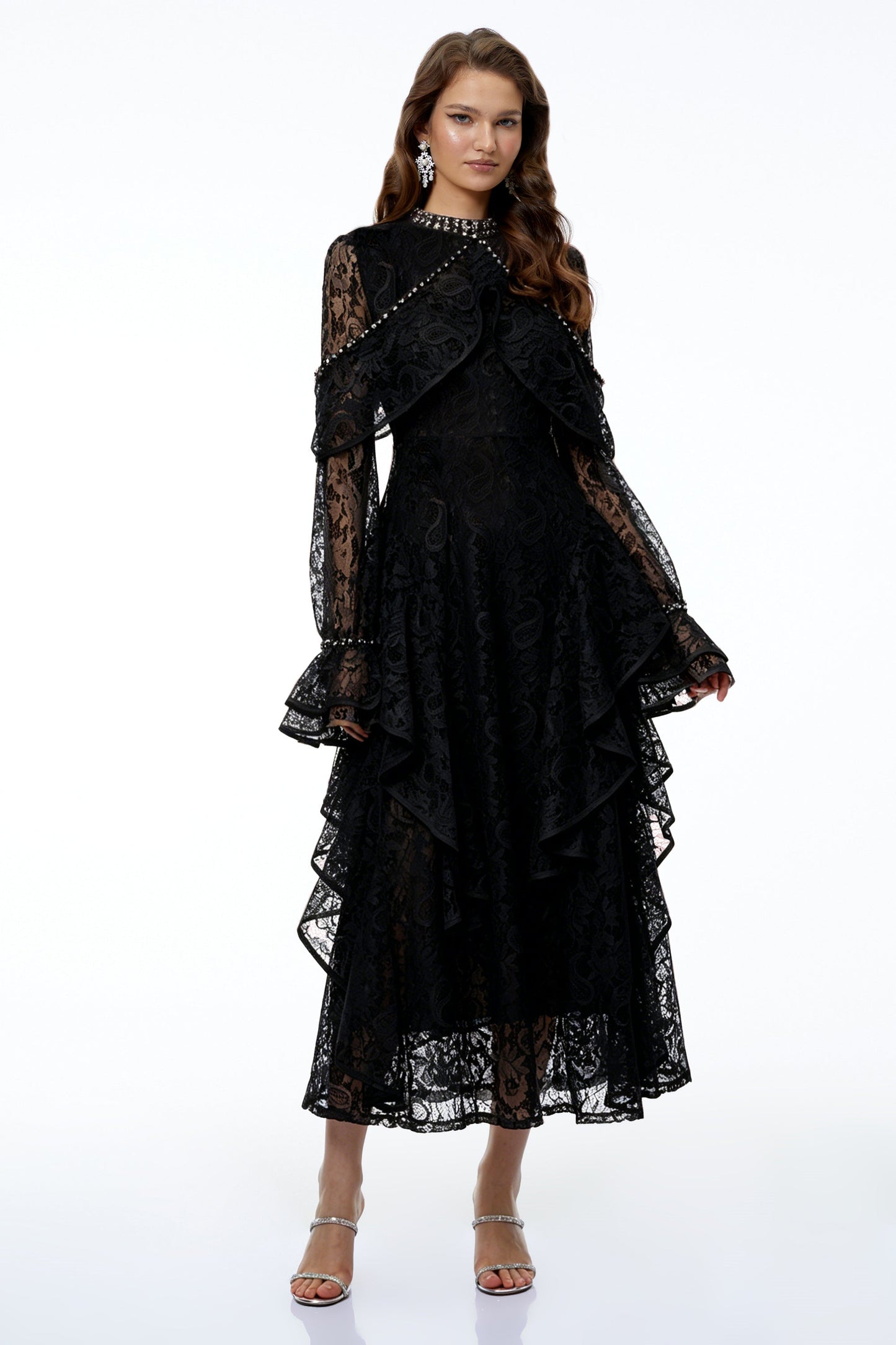 Blanche Black Floral Lace Embellished Maxi Dress