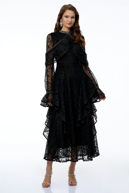 Blanche Black Floral Lace Embellished Maxi Dress