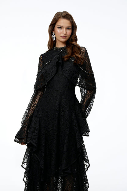 Blanche Black Floral Lace Embellished Maxi Dress