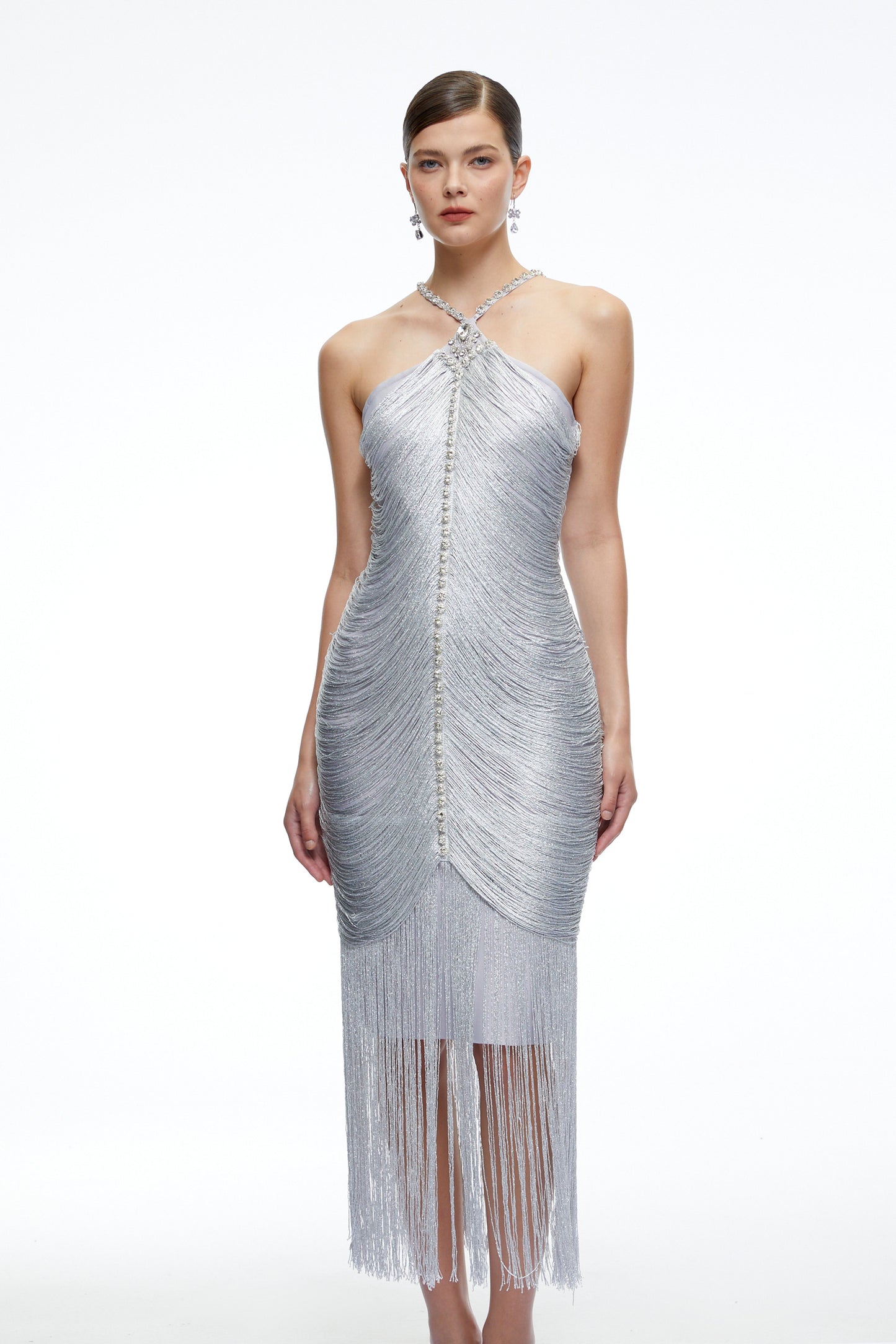 Bohdana Silver Halterneck Midi Dress with Fringe