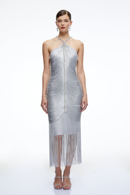 Bohdana Silver Halterneck Midi Dress with Fringe