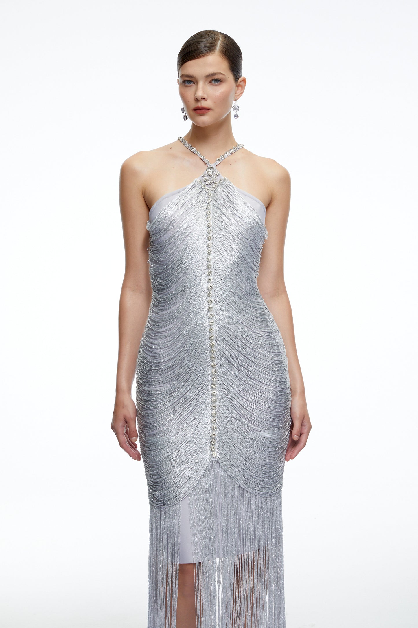 Bohdana Silver Halterneck Midi Dress with Fringe