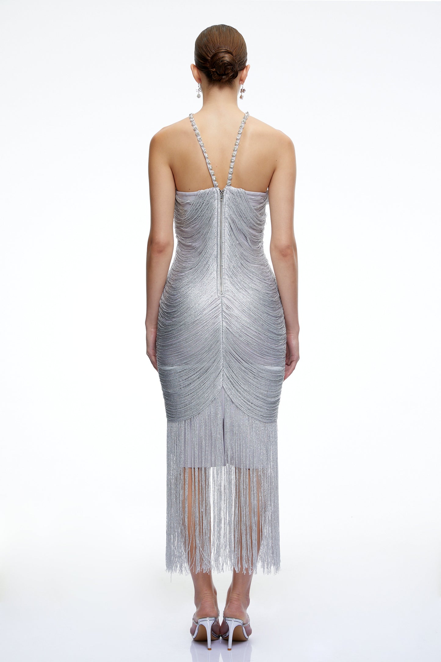 Bohdana Silver Halterneck Midi Dress with Fringe