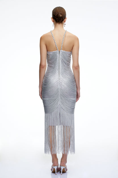 Bohdana Silver Halterneck Midi Dress with Fringe