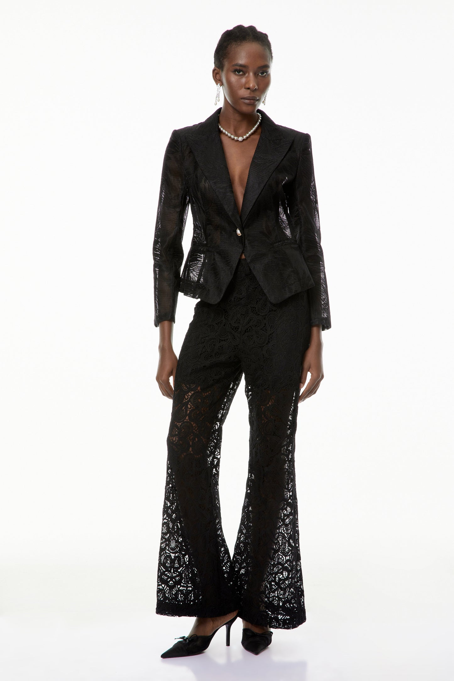 Bonnie Black Semi-Sheer Blazer with Leaf Embroidered