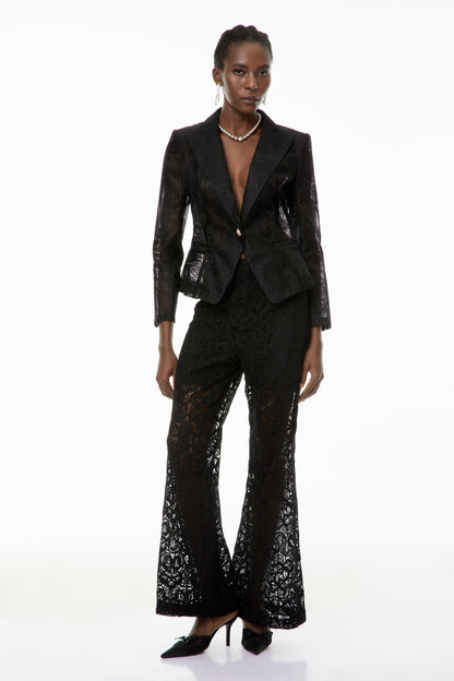 Bonnie Black Semi-Sheer Blazer with Leaf Embroidered