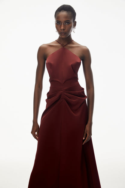Bozhena Red Halterneck Ruched Maxi Dress