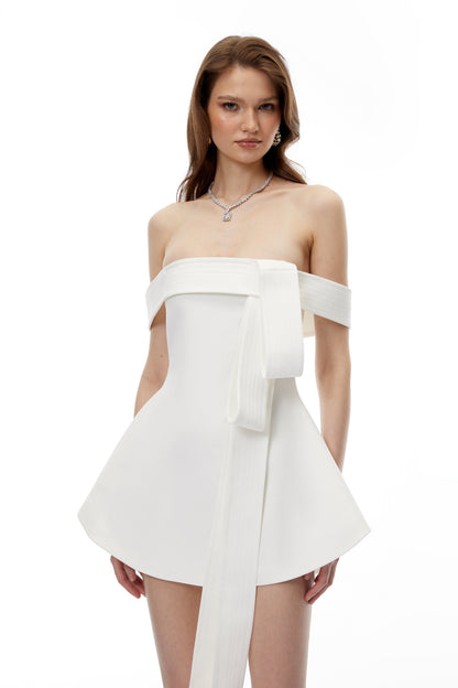 Bracha White Off Shoulder Mini Dress with Bow