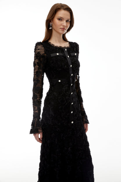 Branwen Black 3D-Floral Embroidered Lace Maxi Dress