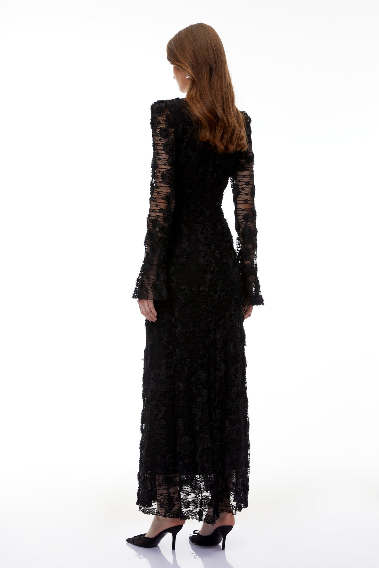 Branwen Black 3D-Floral Embroidered Lace Maxi Dress