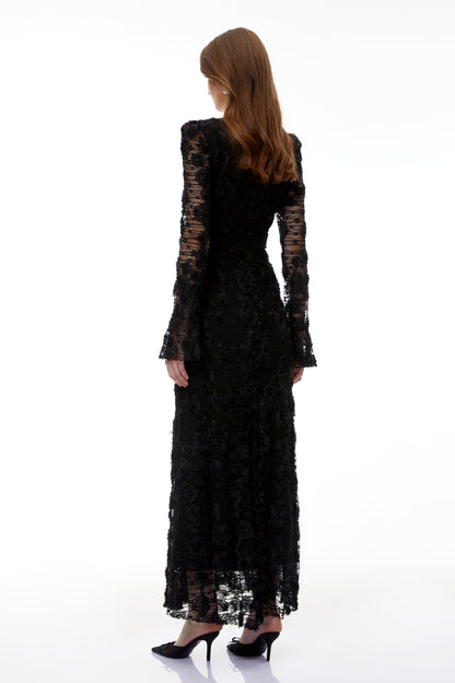 Branwen Black 3D-Floral Embroidered Lace Maxi Dress