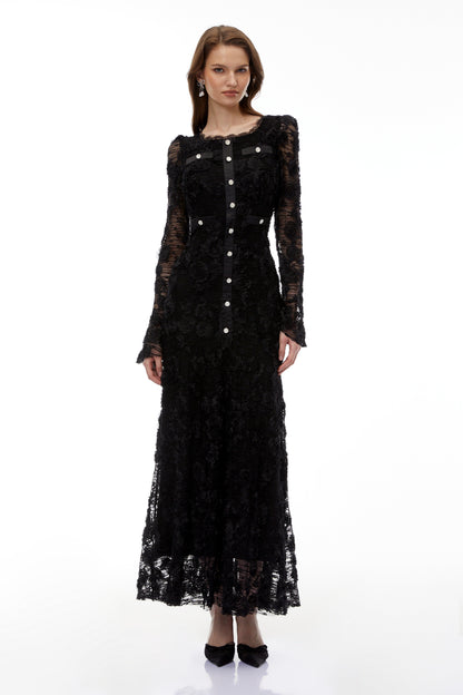 Branwen Black 3D-Floral Embroidered Lace Maxi Dress