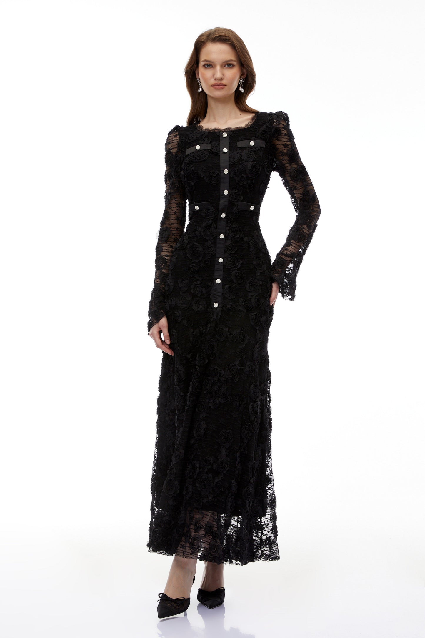 Branwen Black 3D-Floral Embroidered Lace Maxi Dress