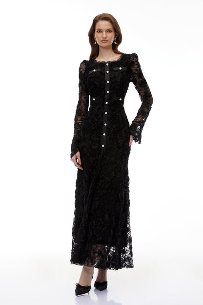 Branwen Black 3D-Floral Embroidered Lace Maxi Dress