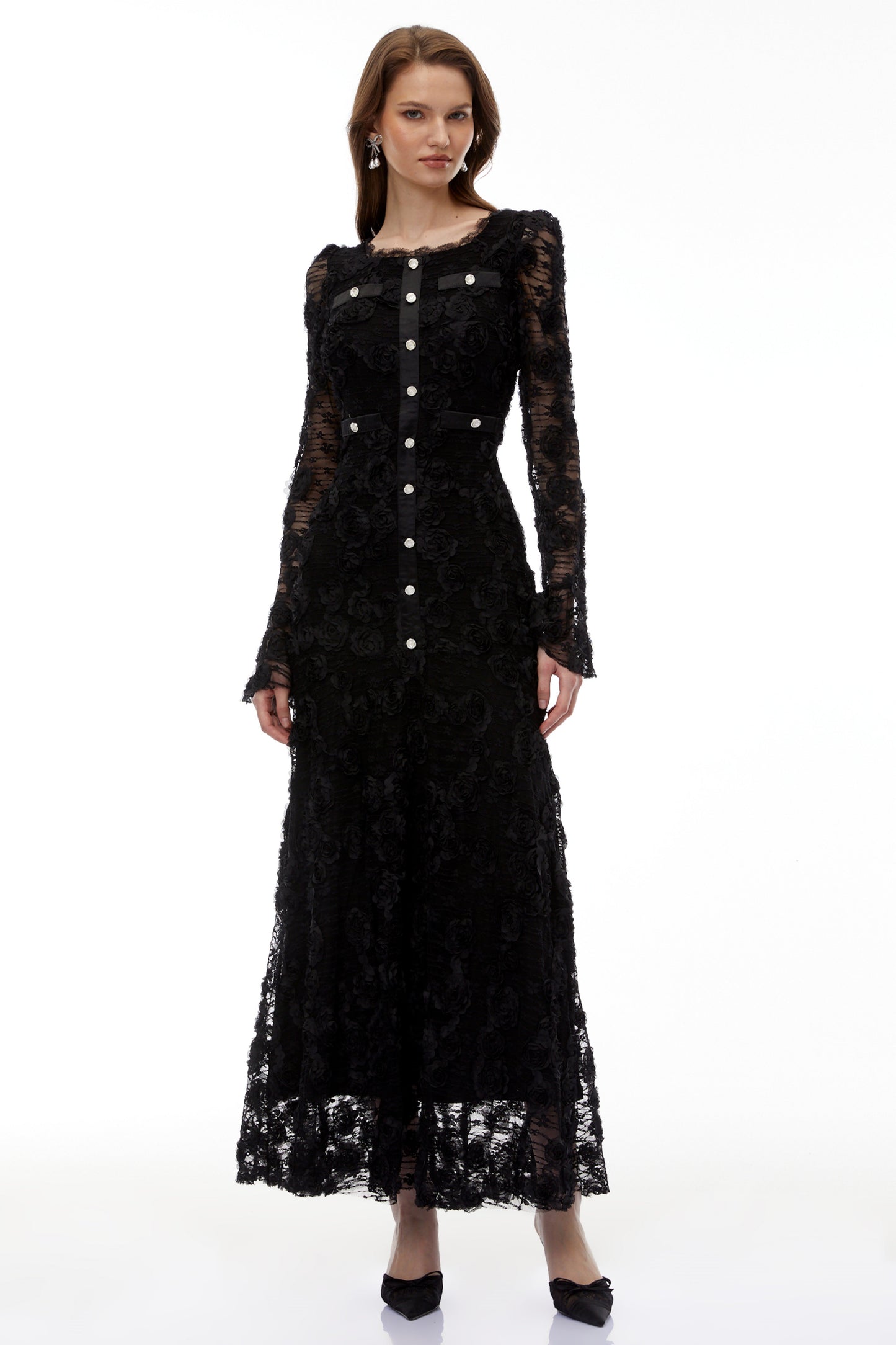 Branwen Black 3D-Floral Embroidered Lace Maxi Dress