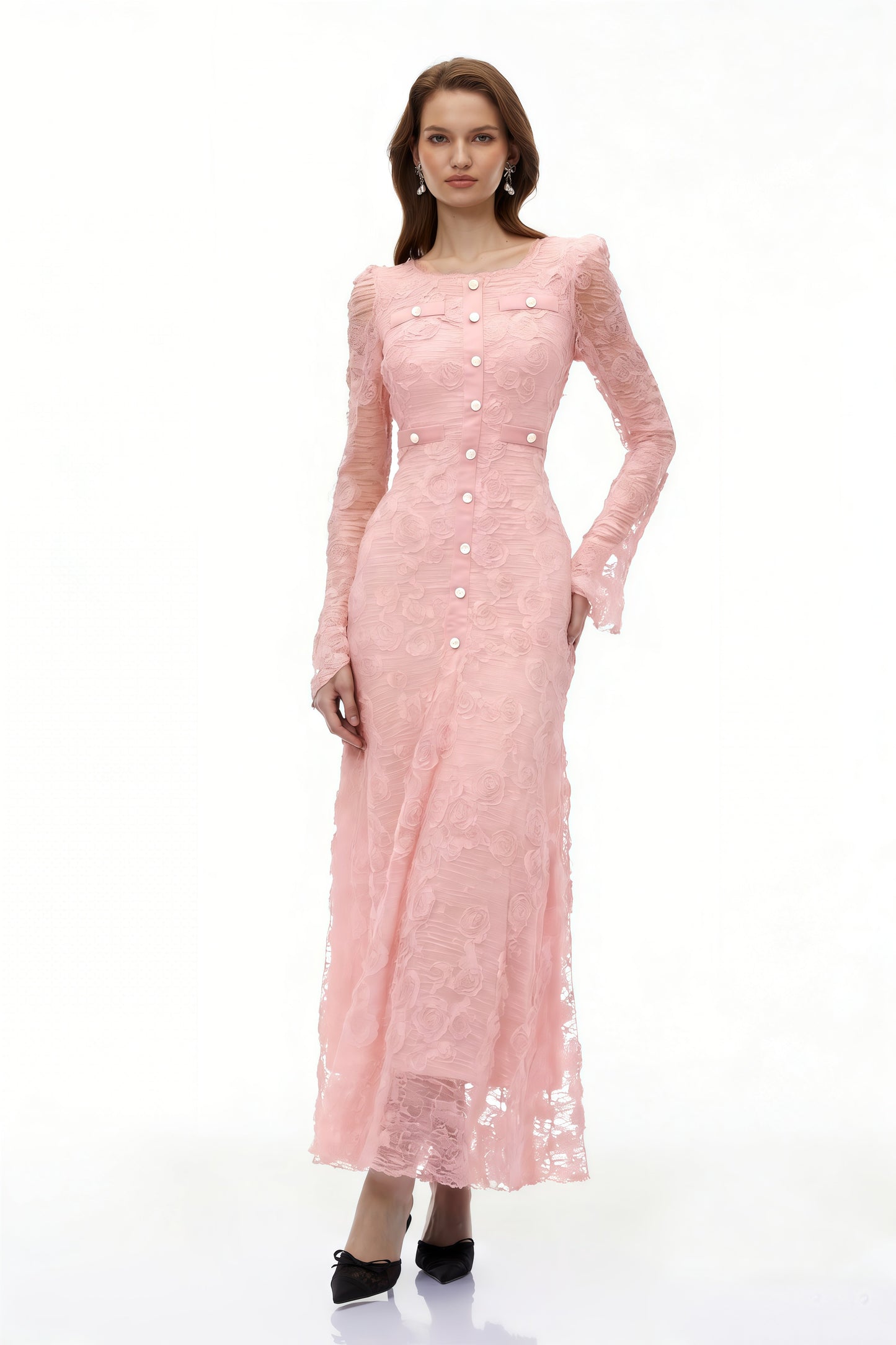 Branwen Pink 3D-Floral Embroidered Lace Maxi Dress