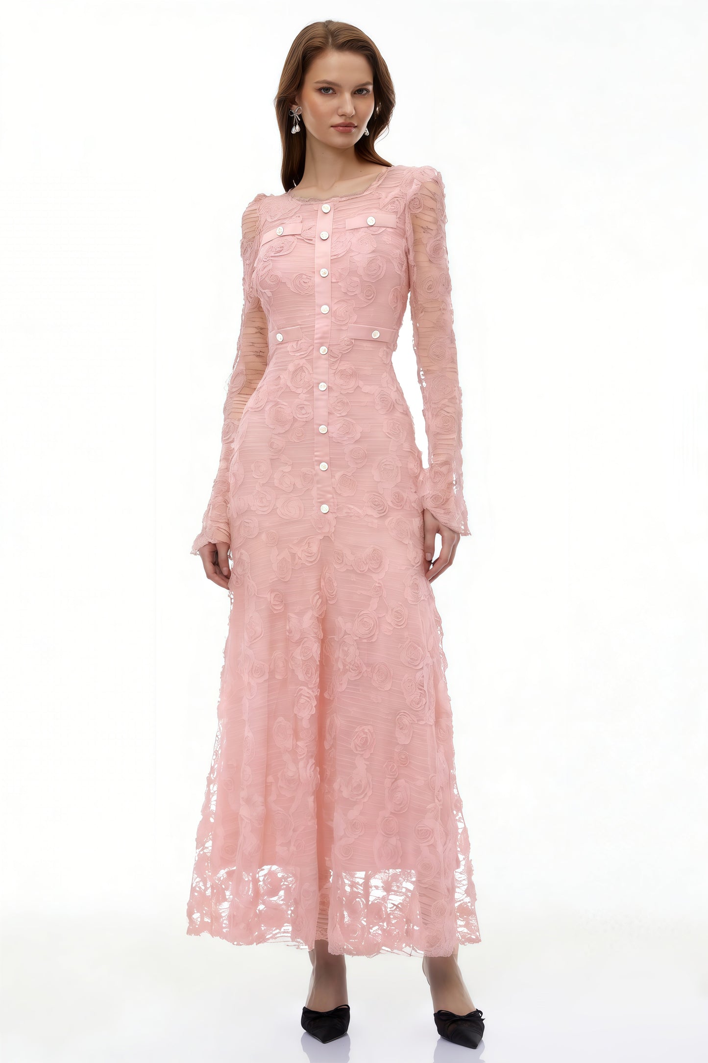 Branwen Pink 3D-Floral Embroidered Lace Maxi Dress